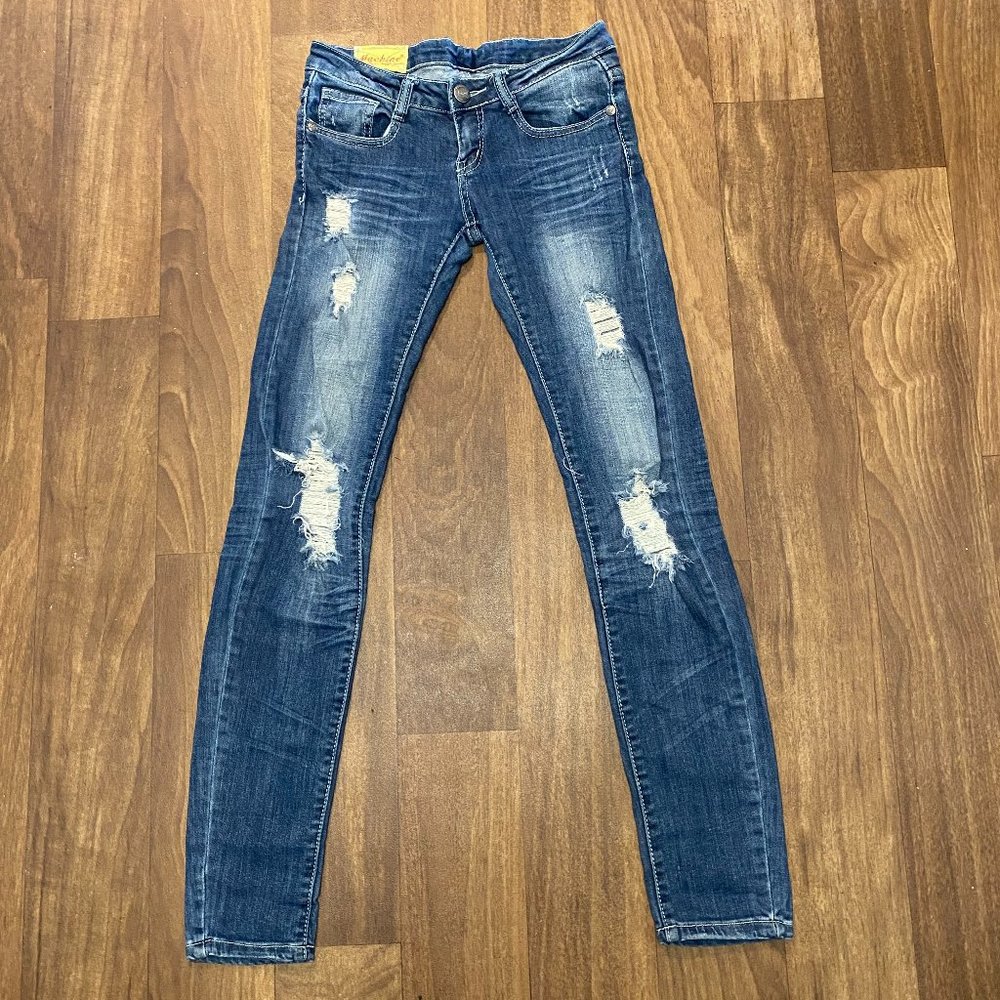 Machine Jeans Women's 26/31 Juniors Sz 1 Skinny Distressed Low Rise Medium Wash
